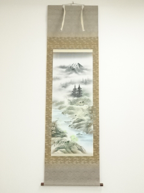 佳月筆　彩色山水　肉筆絹本掛軸